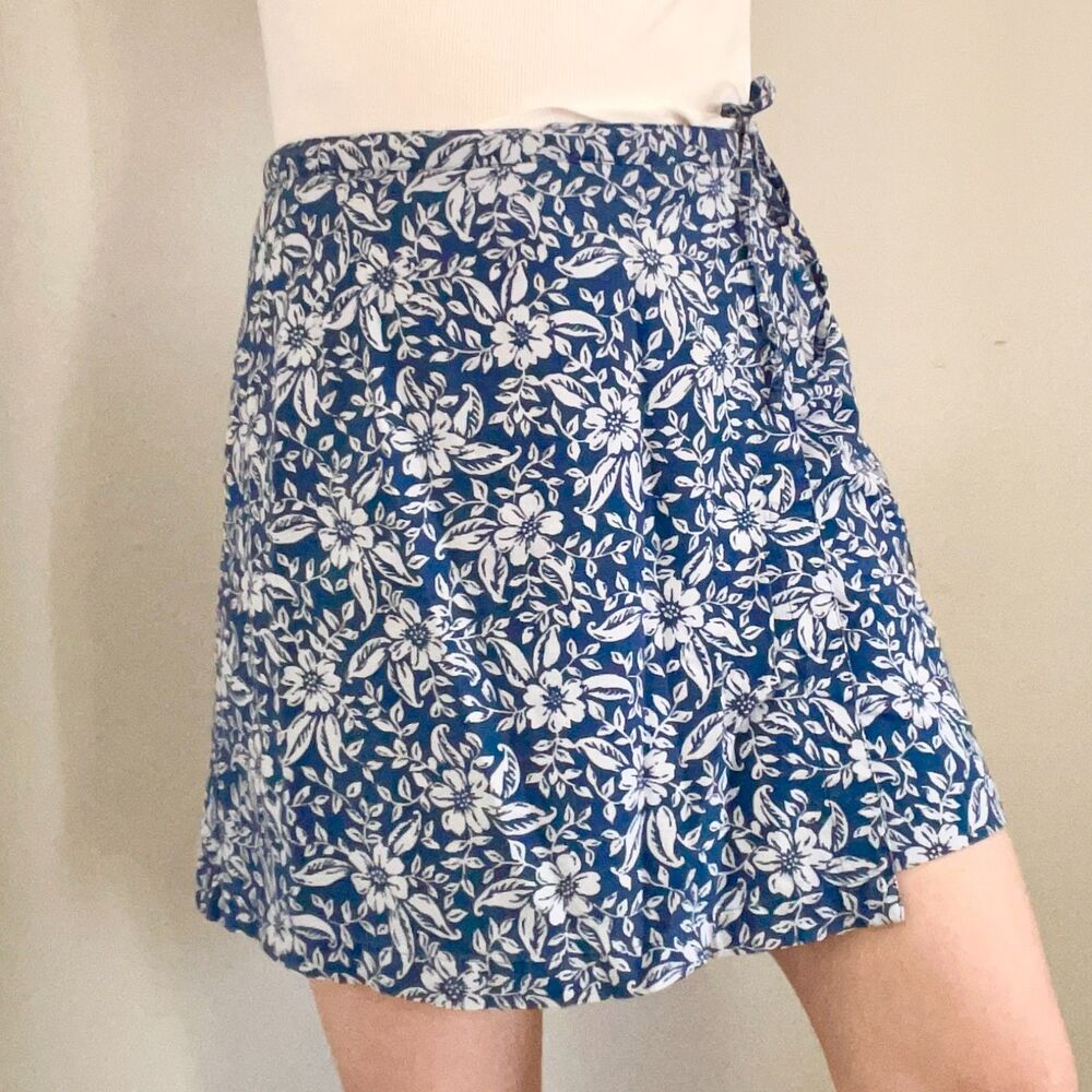 Vtg Jennifer Moore Blue Floral Skort Size 8 Cotton Linen Blend